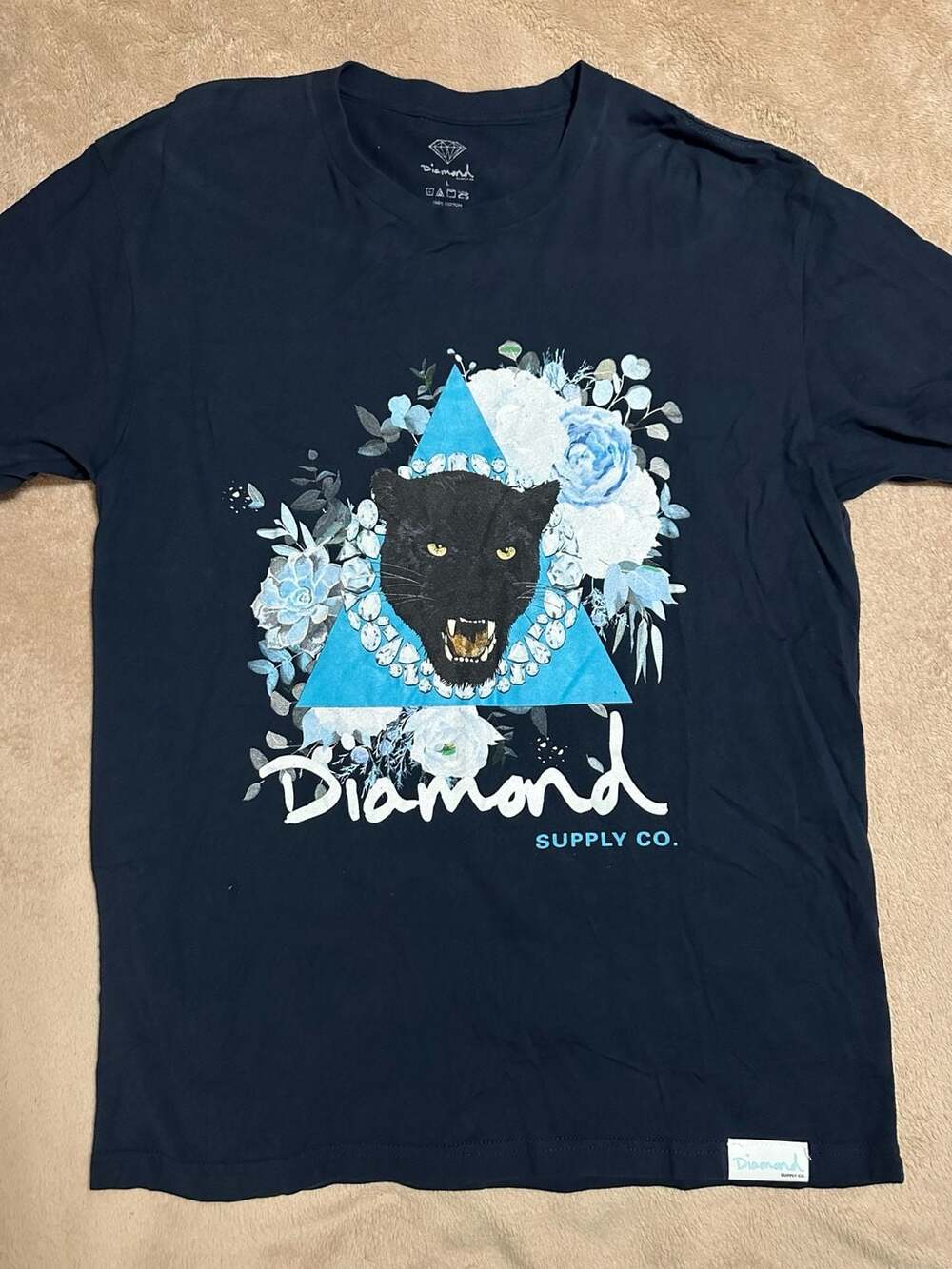 Diamond Supply Co. Navy Blue Black Panther Floral Triangle Graphic Tee, Size L